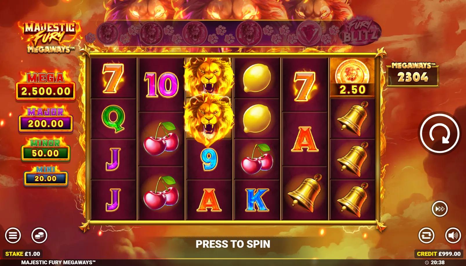 Majestic Fury Megaways gameplay showing 6-reel Megaways grid with stacked lion premium across two rows and 2,304 ways
