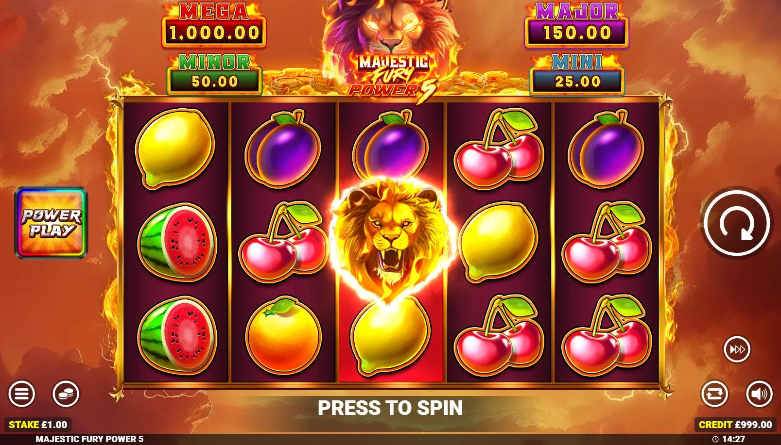 Majestic Fury Power 5 slot gameplay showing 5x3 fruit grid with Lion Cash Collect on reel 3 and MEGA 1,000x Cashpot