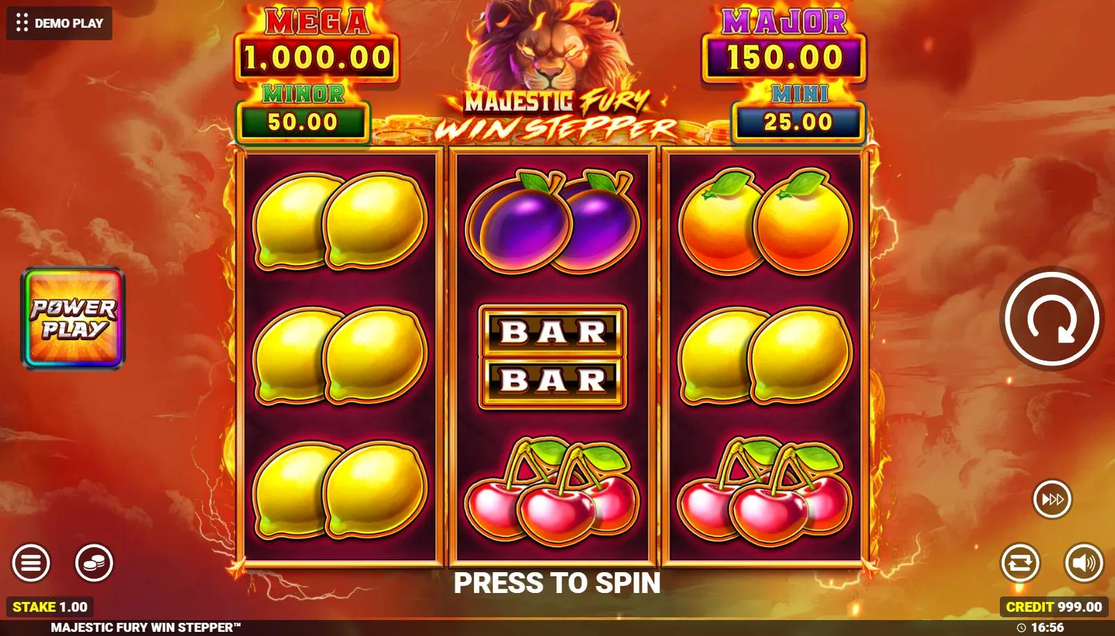 Majestic Fury Win Stepper slot gameplay showing 3x3 fruit grid with MEGA MAJOR MINOR MINI cash tier panels above the reels