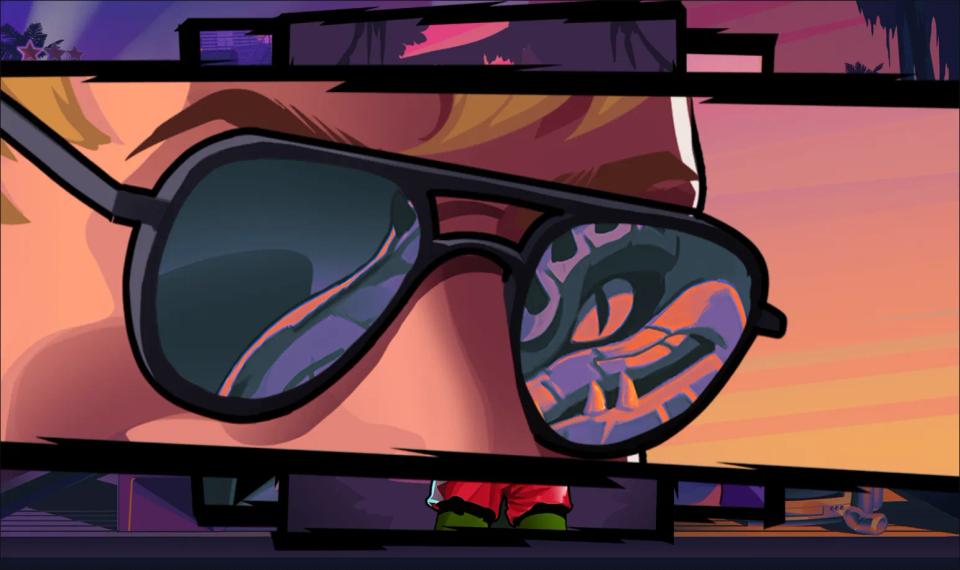 Man vs Gator intro art: a close-up of the mullet-wearing Florida Man in aviator sunglasses with an alligator reflected in one lens