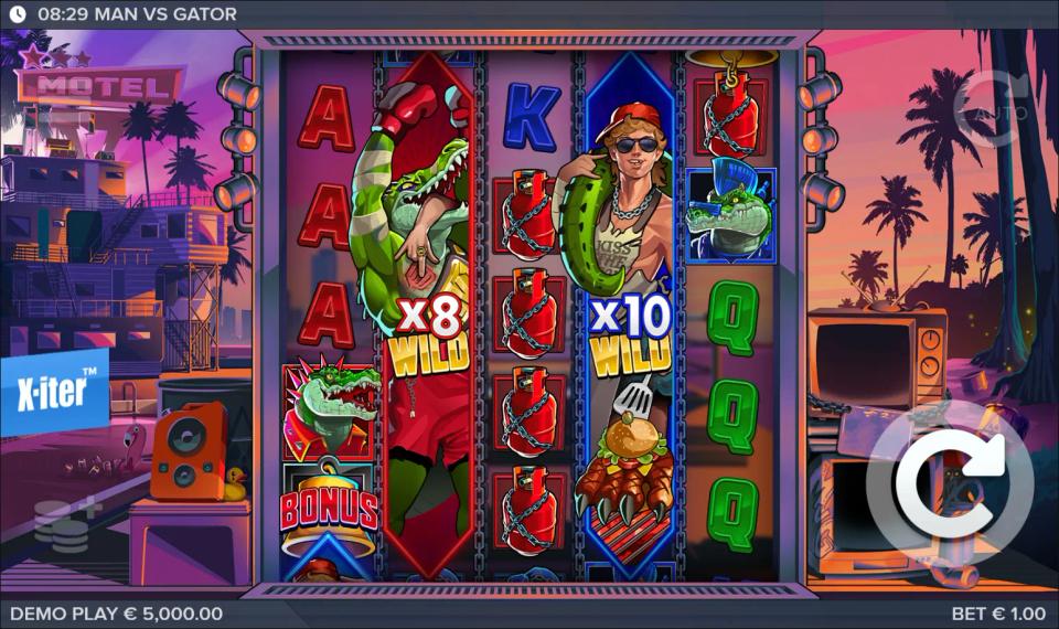 Two full-height wild symbols on the same board, an x8 gator wild on reel two and an x10 man wild on reel four, with a column of gas canisters between them and a bonus symbol on reel one