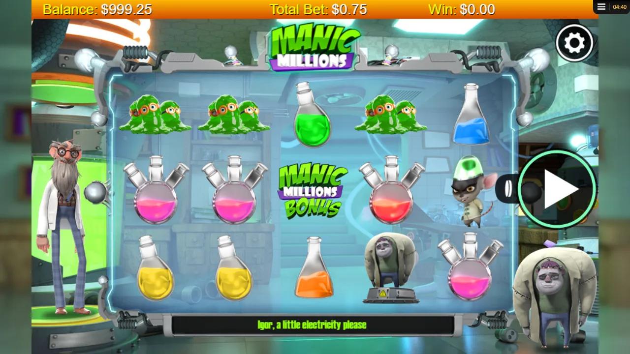 Manic Millions slot gameplay showing 5x3 243-ways grid with diamonds, gold bars and money bag symbols on green felt