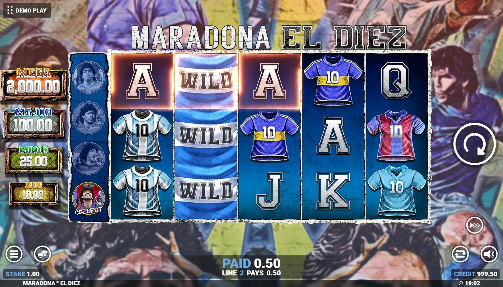 Maradona El Diez slot 5x3 grid with stacked Argentina-flag Wild reel, #10 football shirts and 4-tier jackpot ladder