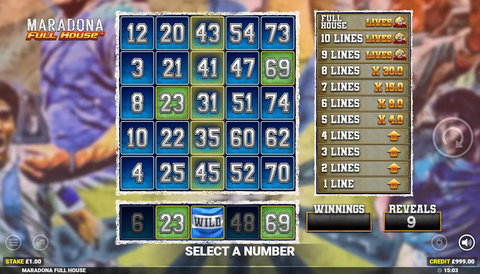 Maradona Full House bingo gameplay showing 5x5 ticket with marked numbers and Wild reveal in bottom bar