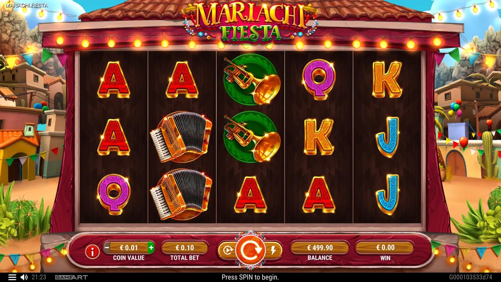 Mariachi Fiesta slot gameplay showing the 5x3 reels with a mariachi musician, señorita scatter, trumpet and maraca symbols on a festive Mexican stage