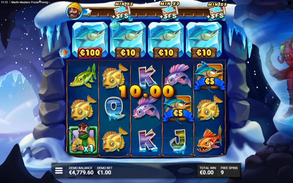 Marlin Masters Frozen Frenzy free spin: a Fisherman collecting two 5x Marlins on the 5x3 reels, with the Ice Bar and four frozen Ice Marlins above