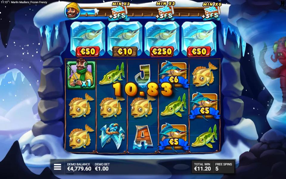 Ice Breakers free spin with a Fisherman collecting three Marlins worth 6x, 5x and 5x