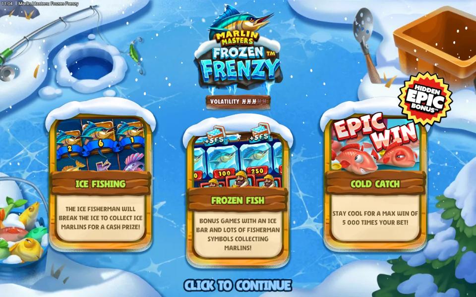 Marlin Masters Frozen Frenzy splash screen with the Ice Fishing, Frozen Fish and Cold Catch cards and a 5,000x max win