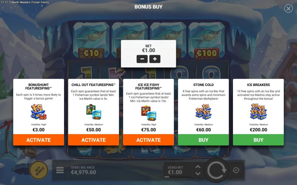 Buy menu with BonusHunt at 3x, Chill Out at 50x and Ice Ice Fishy at 75x per spin, next to Stone Cold at 60x and Ice Breakers at 200x