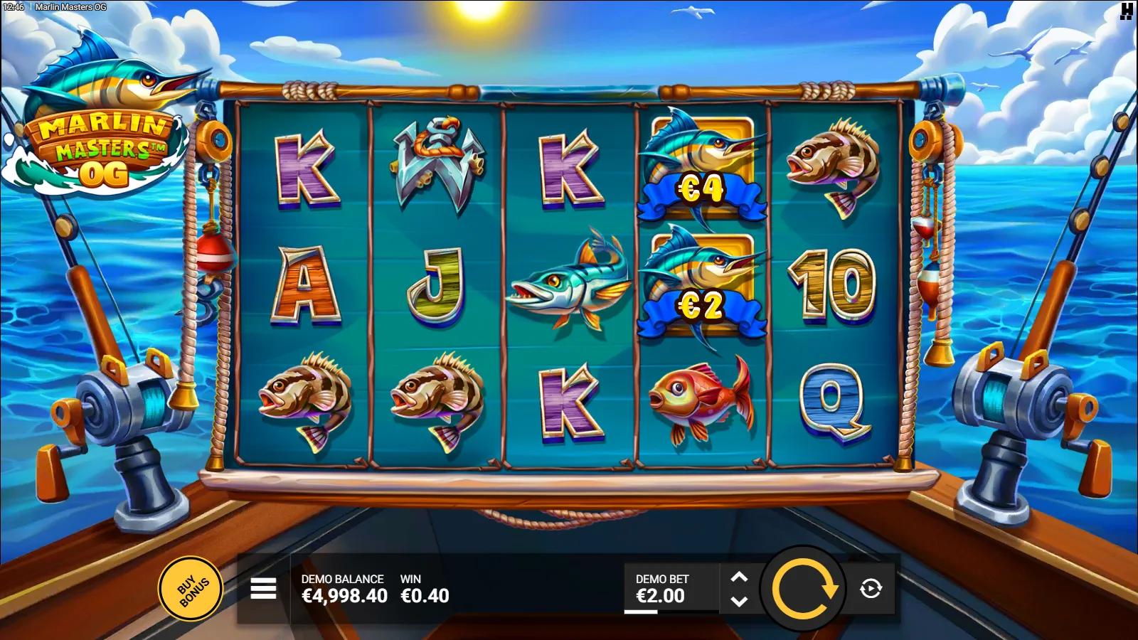 Marlin Masters OG slot gameplay showing 5x3 grid with cash-value Marlin symbols and card royals