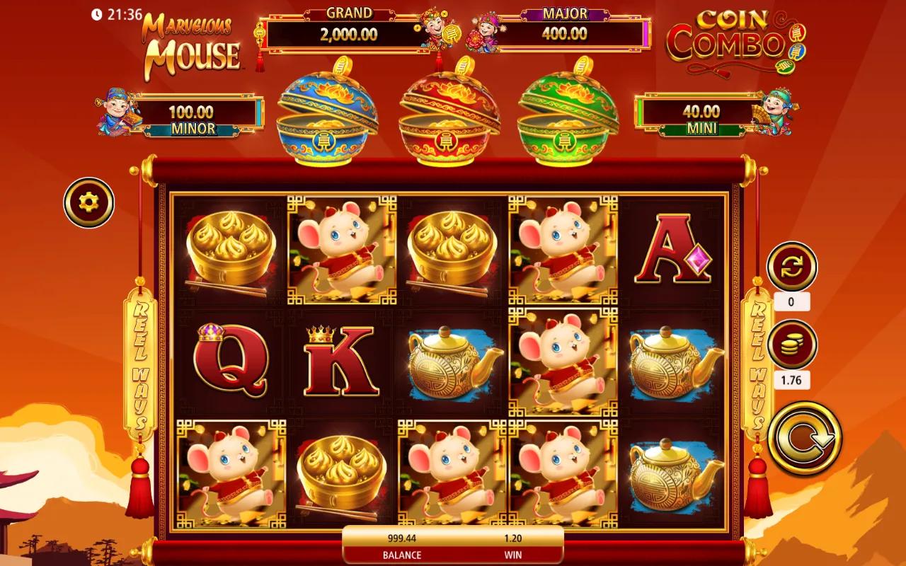 Marvelous Mouse Coin Combo slot gameplay showing 5x3 grid with mouse, cheese, cuckoo clock and cash-value coin symbols