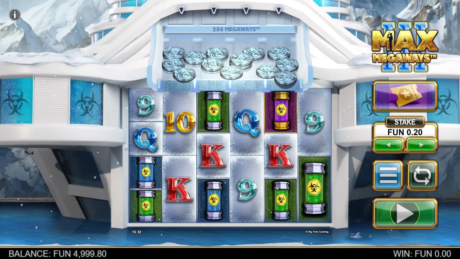 Max Megaways 3 slot gameplay showing the 6-reel Megaways grid with the Megadozer coin tray and toxic-barrel symbols