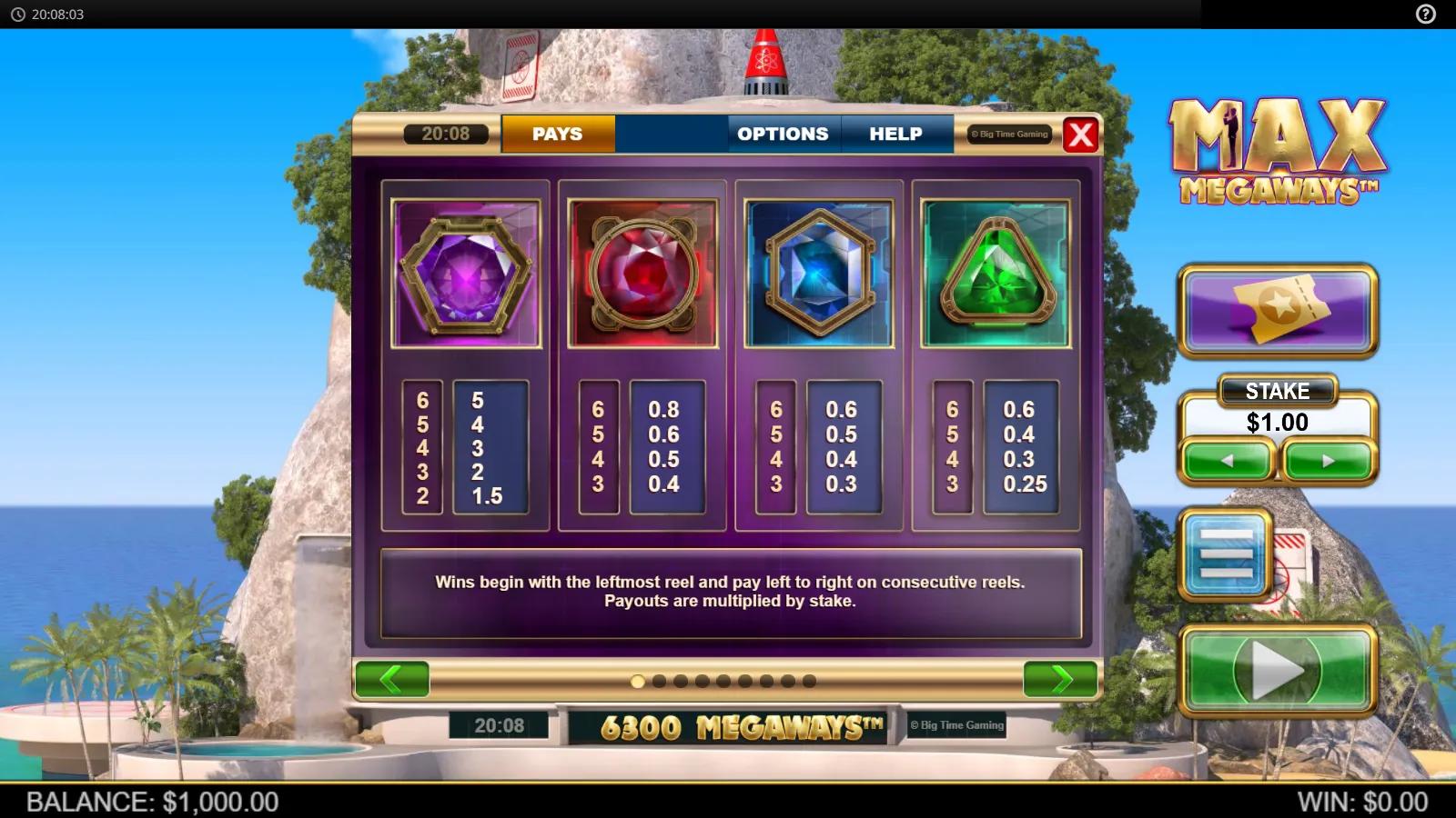 Max Megaways slot PAYS screen showing coloured gem symbol payouts over a spy island lair