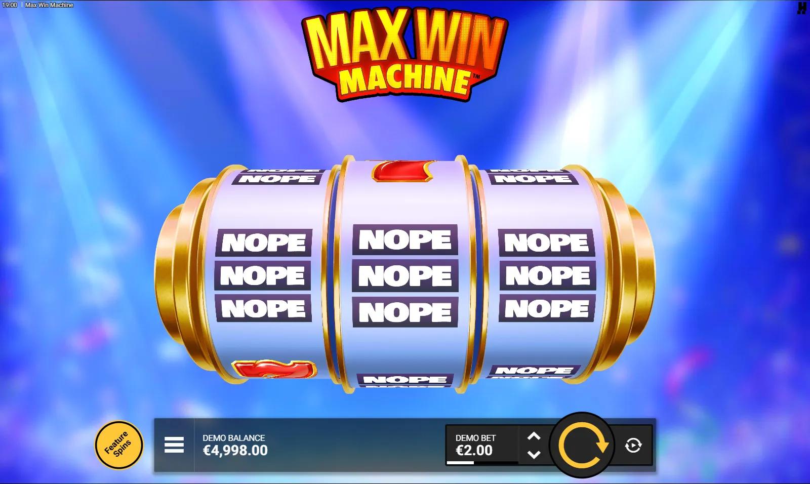Max Win Machine slot gameplay showing the 3-reel barrel machine with Lucky Seven and NOPE symbols
