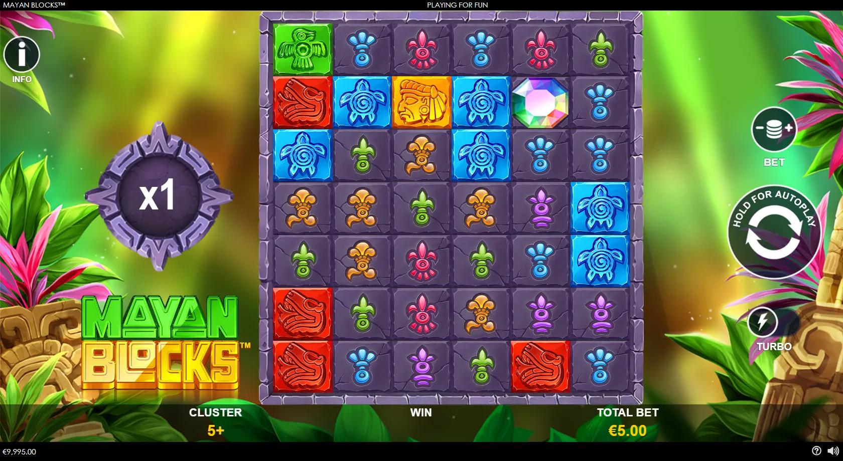 Mayan Blocks 6x7 cluster-pays stone grid of Maya glyph tiles with a king, feathered serpent, turtle and rainbow crystal
