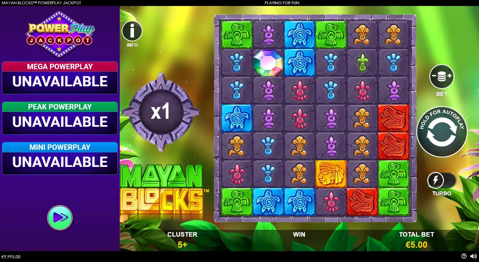 Mayan Blocks PowerPlay Jackpot gameplay showing a 6x7 stone-block cluster grid with eagle, turtle and warrior glyph symbols