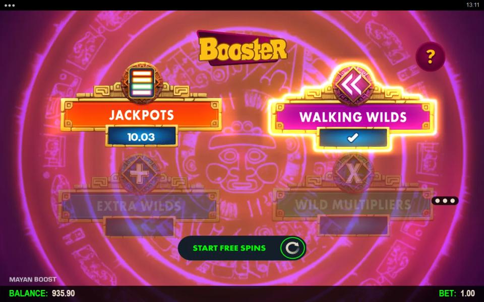 The Booster screen after the wheel landed on Walking Wilds, offering the Jackpots mode for 10.03 with Extra Wilds and Wild Multipliers greyed out