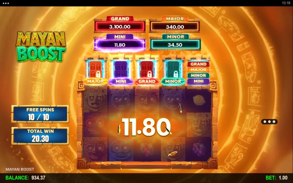 Last of ten Jackpots free spins paying the MINI jackpot at 11.80, with GRAND raised to 3,100 and MAJOR to 340 on the plaques