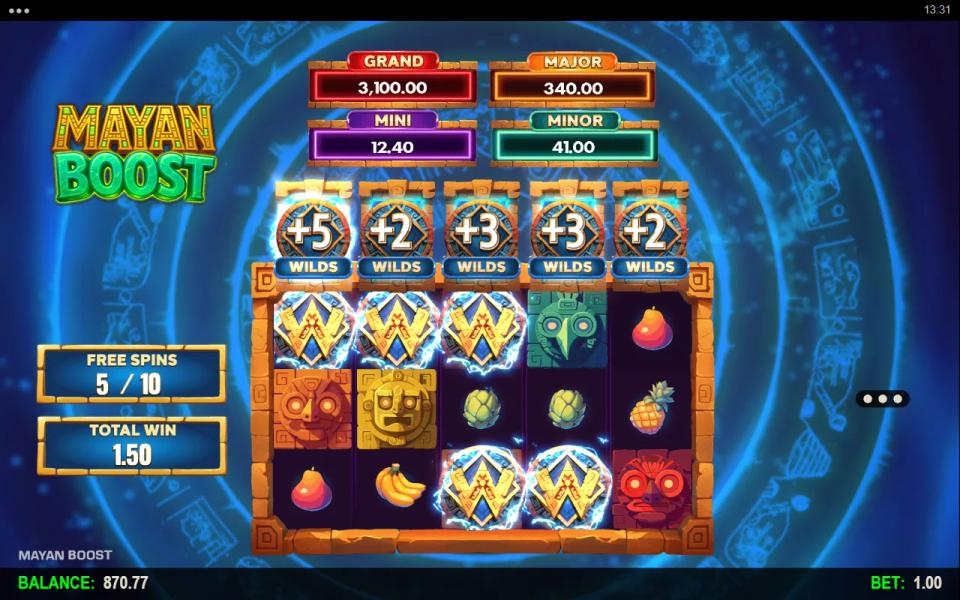 Extra Wilds free spin 5 of 10 with a wild tab over every reel reading +5, +2, +3, +3 and +2, and added wilds landing across the board
