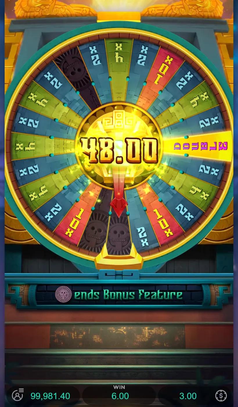 Mayan Destiny bonus wheel ending as the pointer stops on a black slice