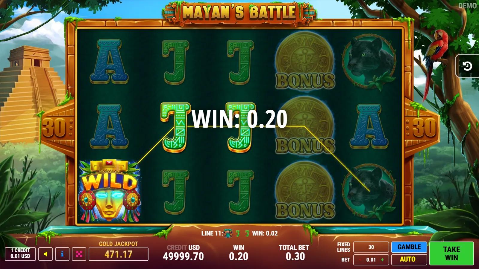 Mayan's Battle slot gameplay showing 5x3 Mayan jungle grid with jade mask wild, gold bonus disc, queens and 30 paylines