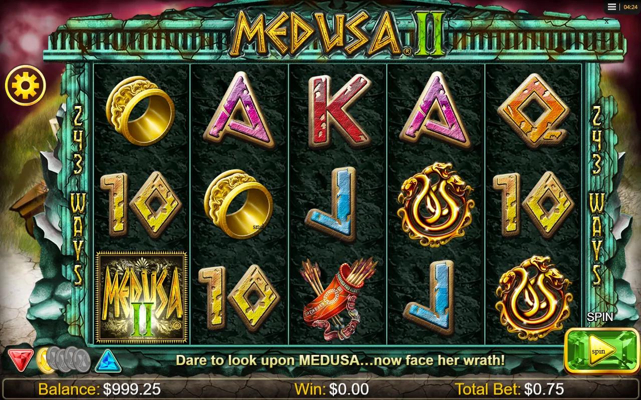 Medusa 2 slot gameplay showing 5x3 grid with Medusa wild, Perseus, Pegasus scatter and Greek temple symbols