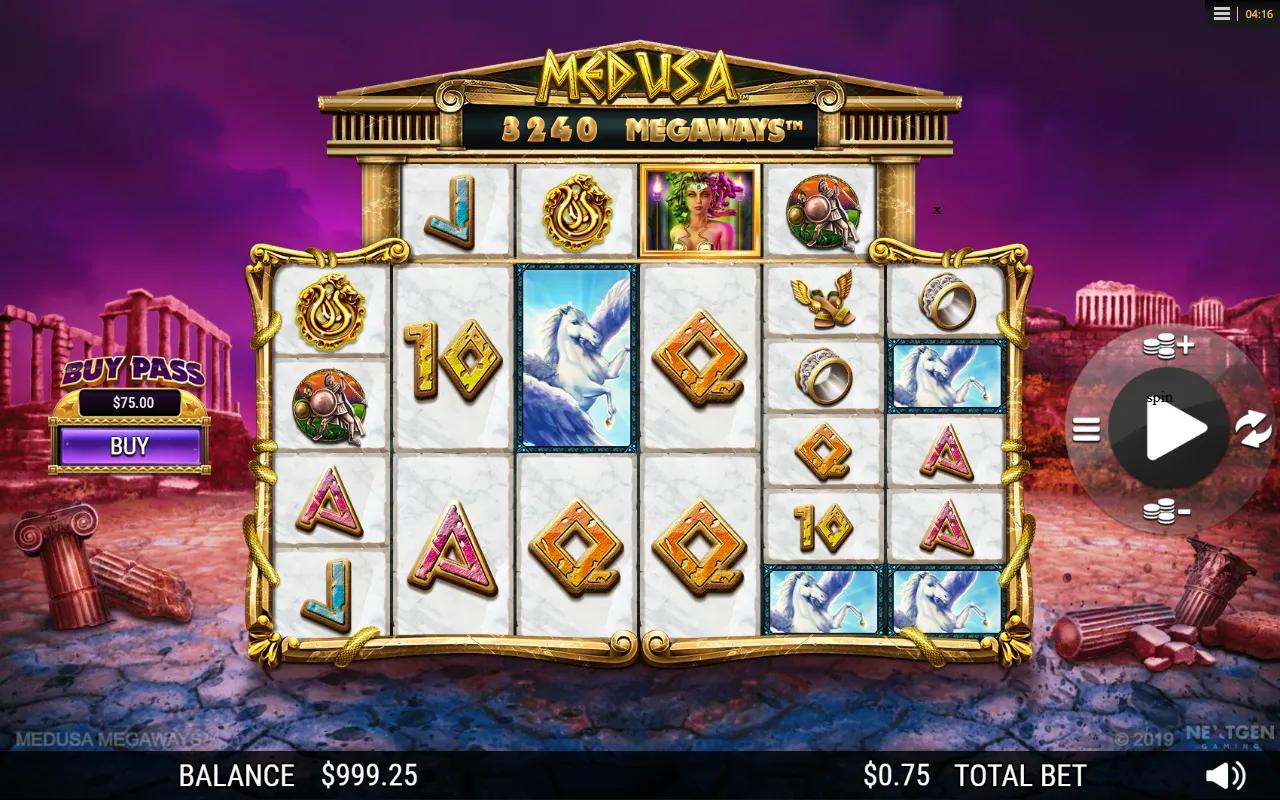 Medusa Megaways slot gameplay showing 6-reel grid with Medusa scatter, Perseus and Pegasus on a dark Greek temple