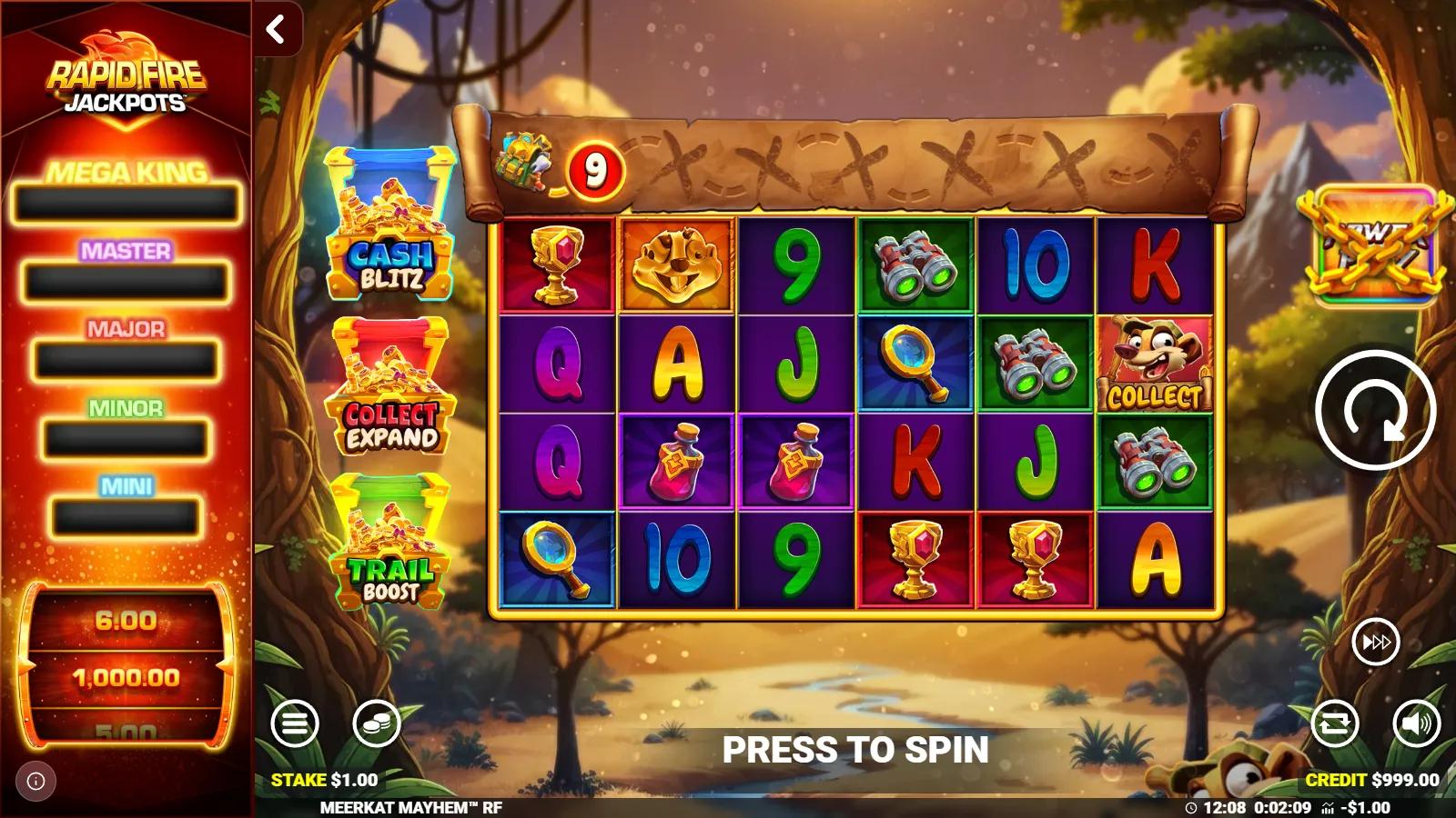 Meerkat Mayhem slot gameplay showing 6x4 savanna grid with meerkat Collect coins and Rapid Fire Jackpots panel