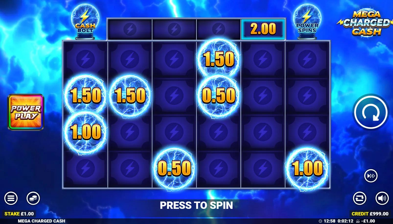 Mega Charged Cash slot 6x4 electric grid with Cash Prize lightning orbs and Power Up reel multipliers