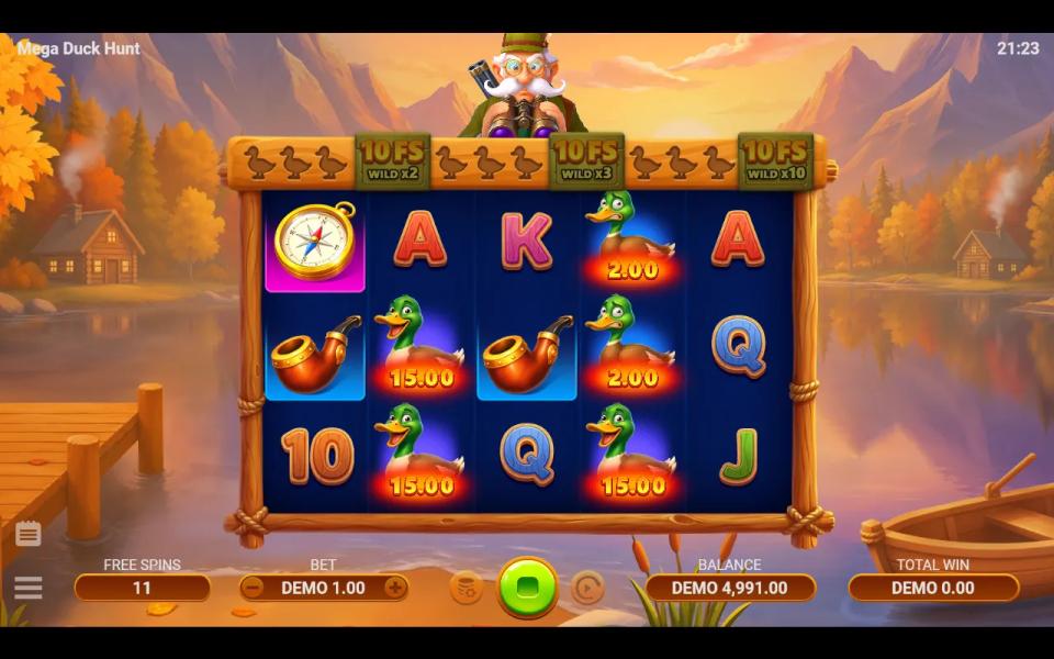 Mega Duck Hunt free spin with five valued ducks across reels 2 and 4 and no hunter Wild anywhere on the board