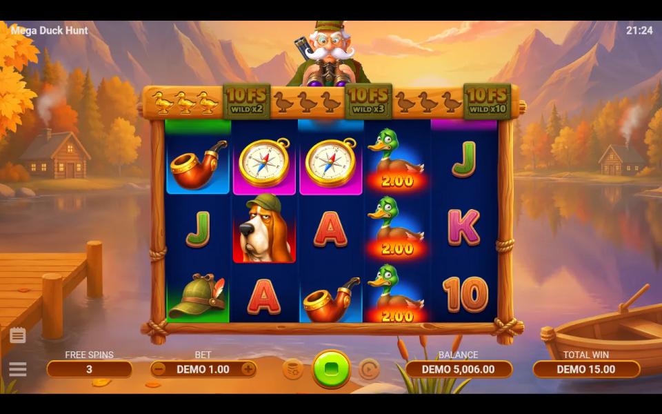 Mega Duck Hunt meter above the reels with three duck marks lit before the first 10 FS Wild x2 step
