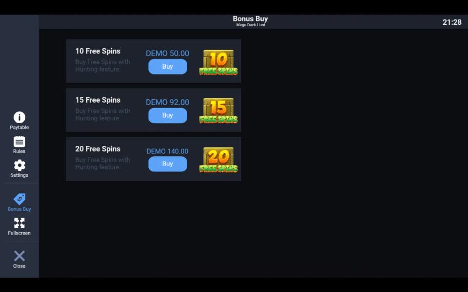 Mega Duck Hunt Bonus Buy screen offering 10, 15 or 20 Free Spins