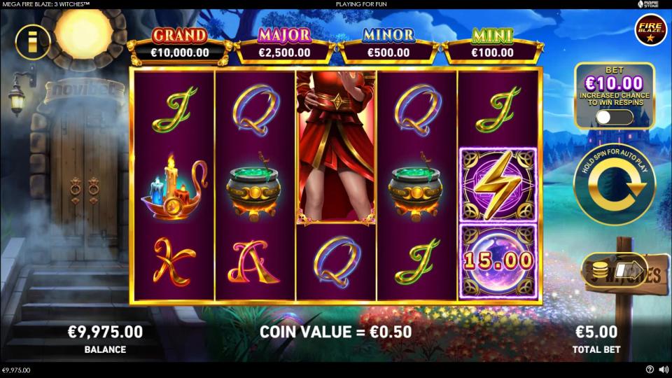 Mega Fire Blaze 3 Witches base game with the Red Witch wild filling the middle reel of the 5x3 grid, two prize orbs on the right and the four jackpot meters above