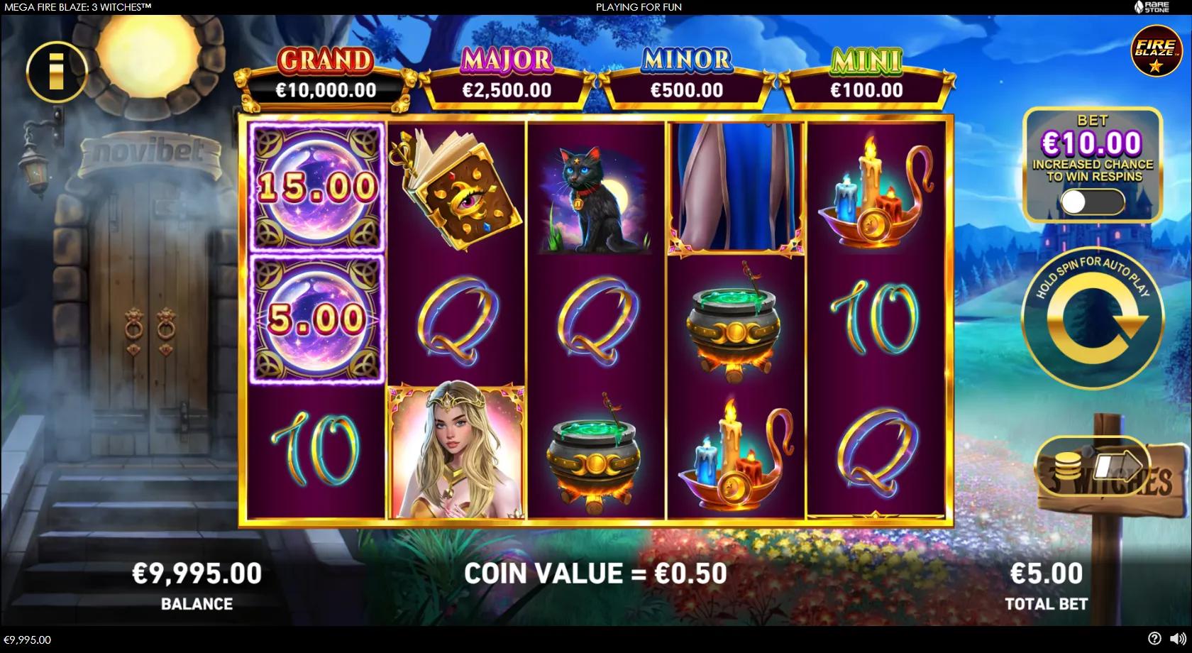 Mega Fire Blaze 3 Witches slot gameplay showing 5x3 witch grid with spellbook, cauldron, candles and four jackpots