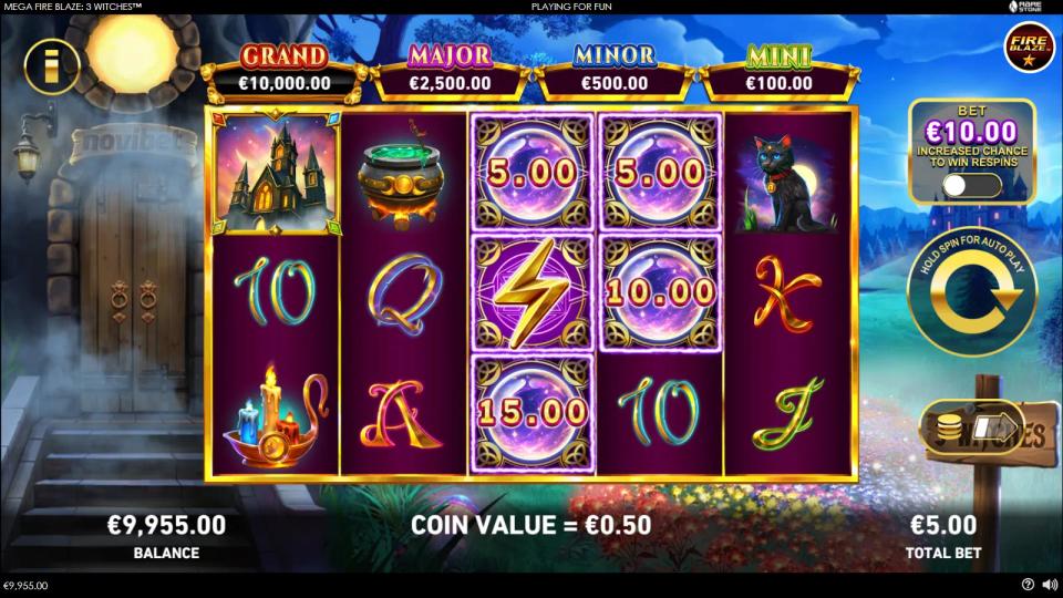 Mega Fire Blaze 3 Witches showing five prize orbs on the reels, one short of the six needed to trigger the hold and respin round