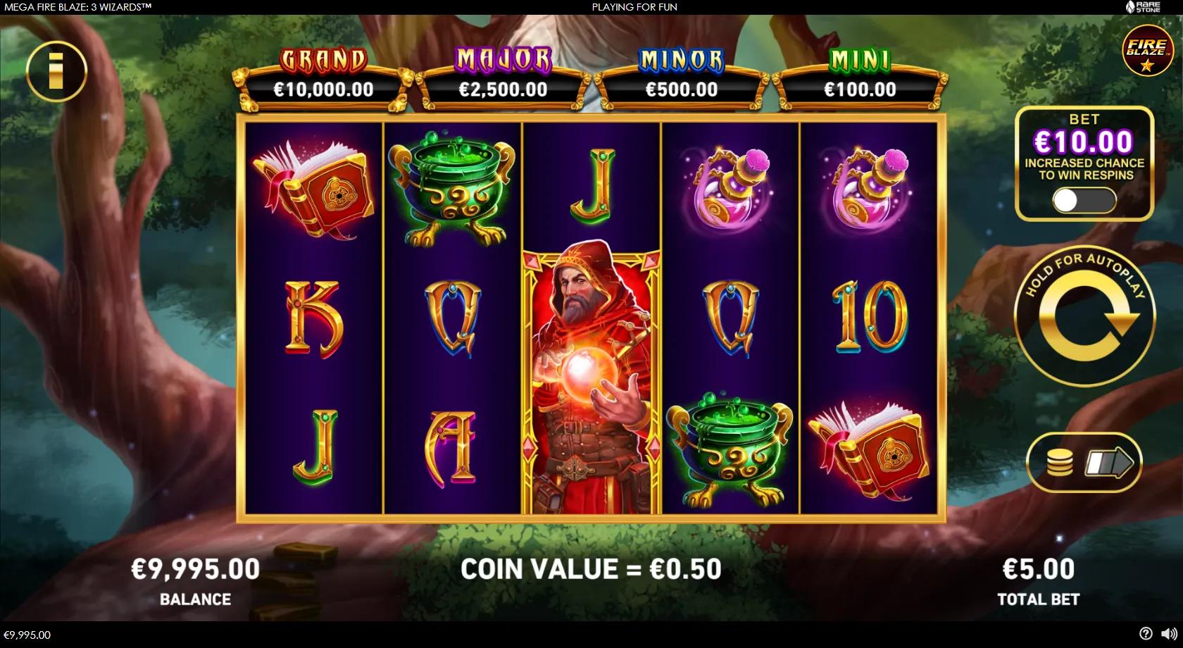 Mega Fire Blaze: 3 Wizards gameplay showing a 5x3 fairy-tale forest grid with a stacked Red Wizard wild and four jackpots