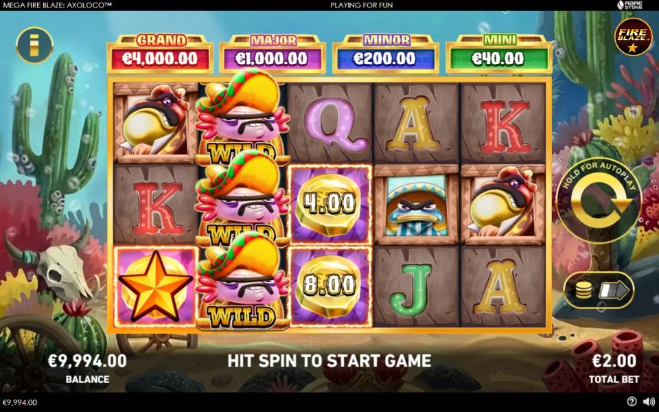 Mega Fire Blaze Axoloco 5x3 grid with three stacked wild axolotls on reel two, a gold star tile and two prize coins reading 4.00 and 8.00