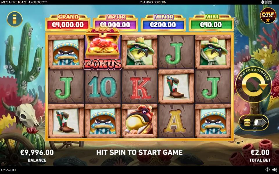 Mega Fire Blaze Axoloco 5x3 grid filled with card royals and axolotl bandits, one treasure chest scatter and no prize coins
