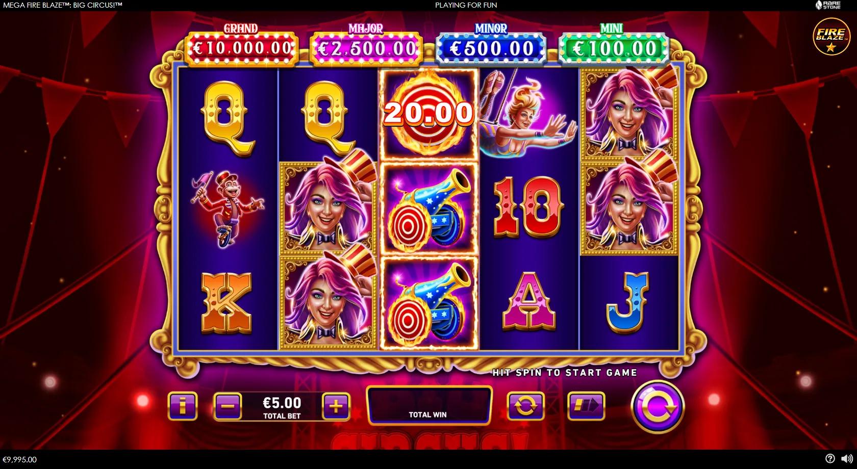 Mega Fire Blaze Big Circus Big Top reels with the ringmaster wild, clown, strongman and flaming Fire Blaze coins under four jackpots