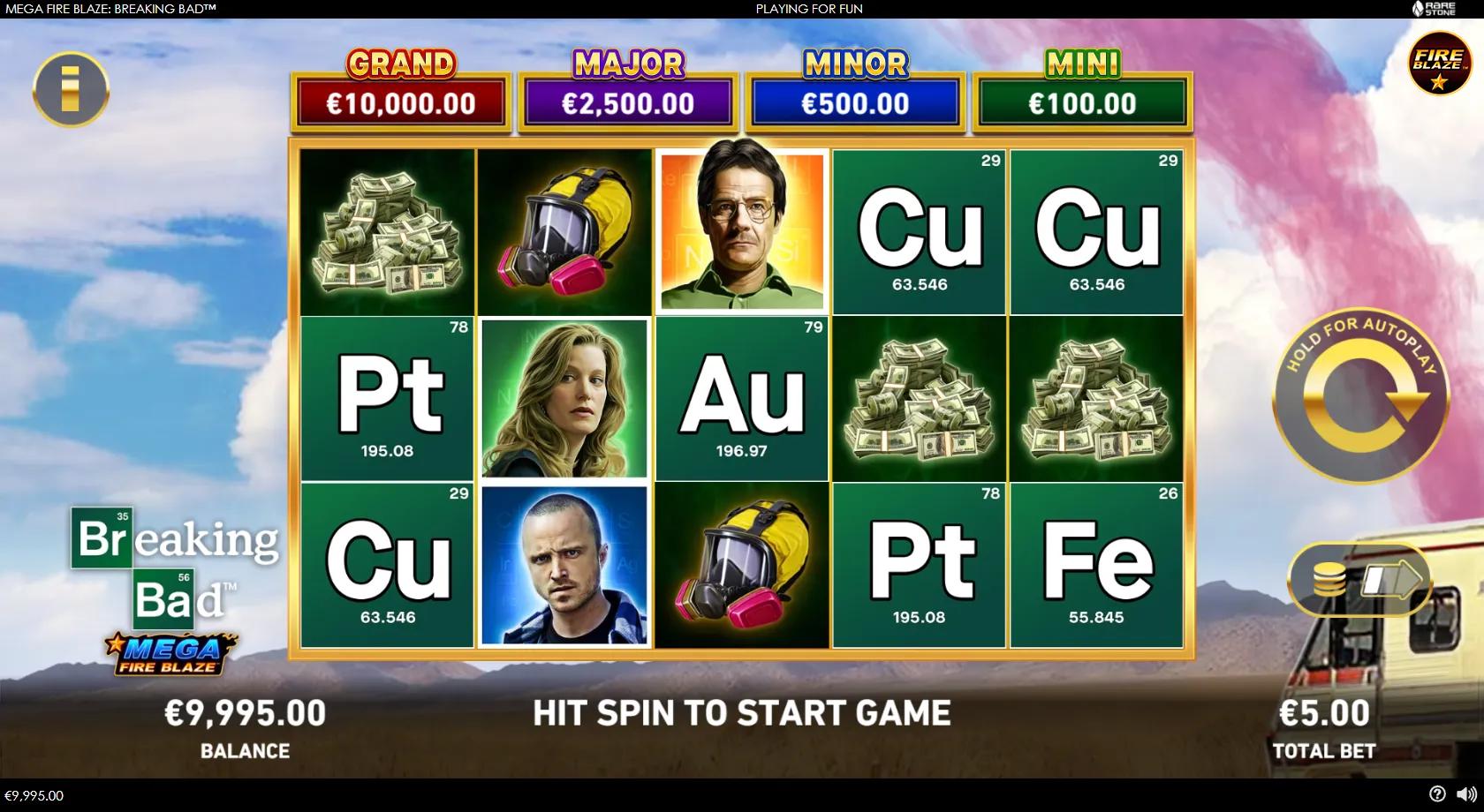 Mega Fire Blaze Breaking Bad slot gameplay showing a 5x3 green grid with Breaking Bad periodic-element tiles, Walter White, Skyler, Saul and Jesse portraits, cash and a gas mask, and four jackpots