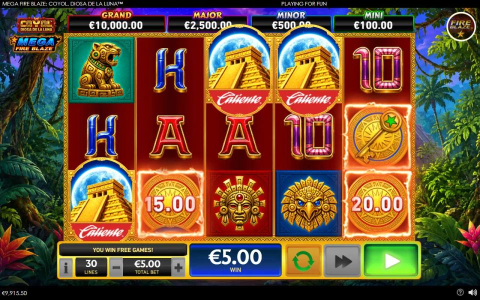 Three Caliente-branded pyramid scatters triggering free games in Coyol slot