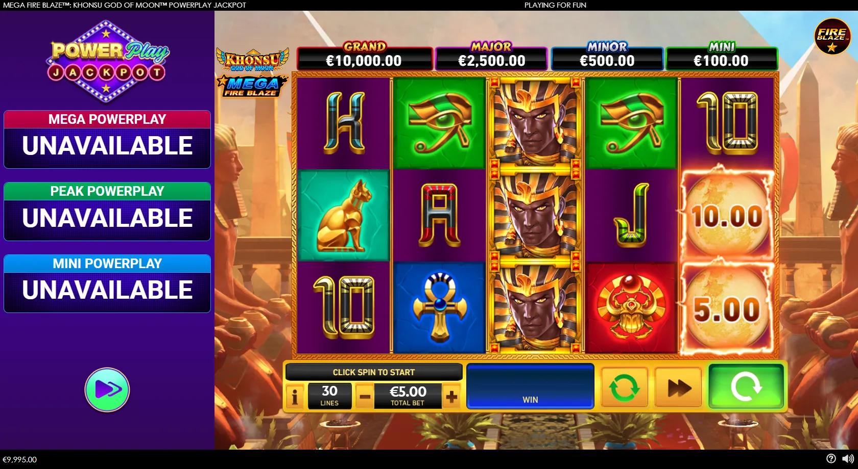 Mega Fire Blaze Khonsu God of Moon gameplay showing 5x3 Egyptian reels with cash moons and four jackpots