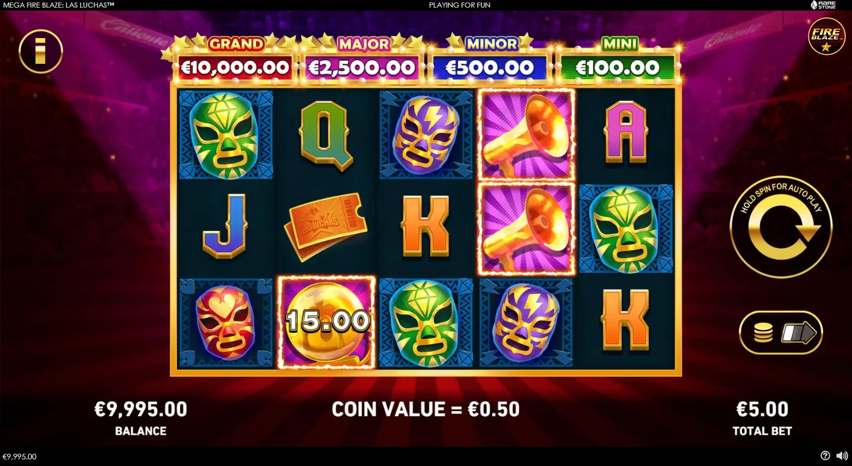 Mega Fire Blaze Las Luchas slot 5x3 lucha libre arena with luchador mask symbols, belt scatter and Fire Blaze jackpot ladder