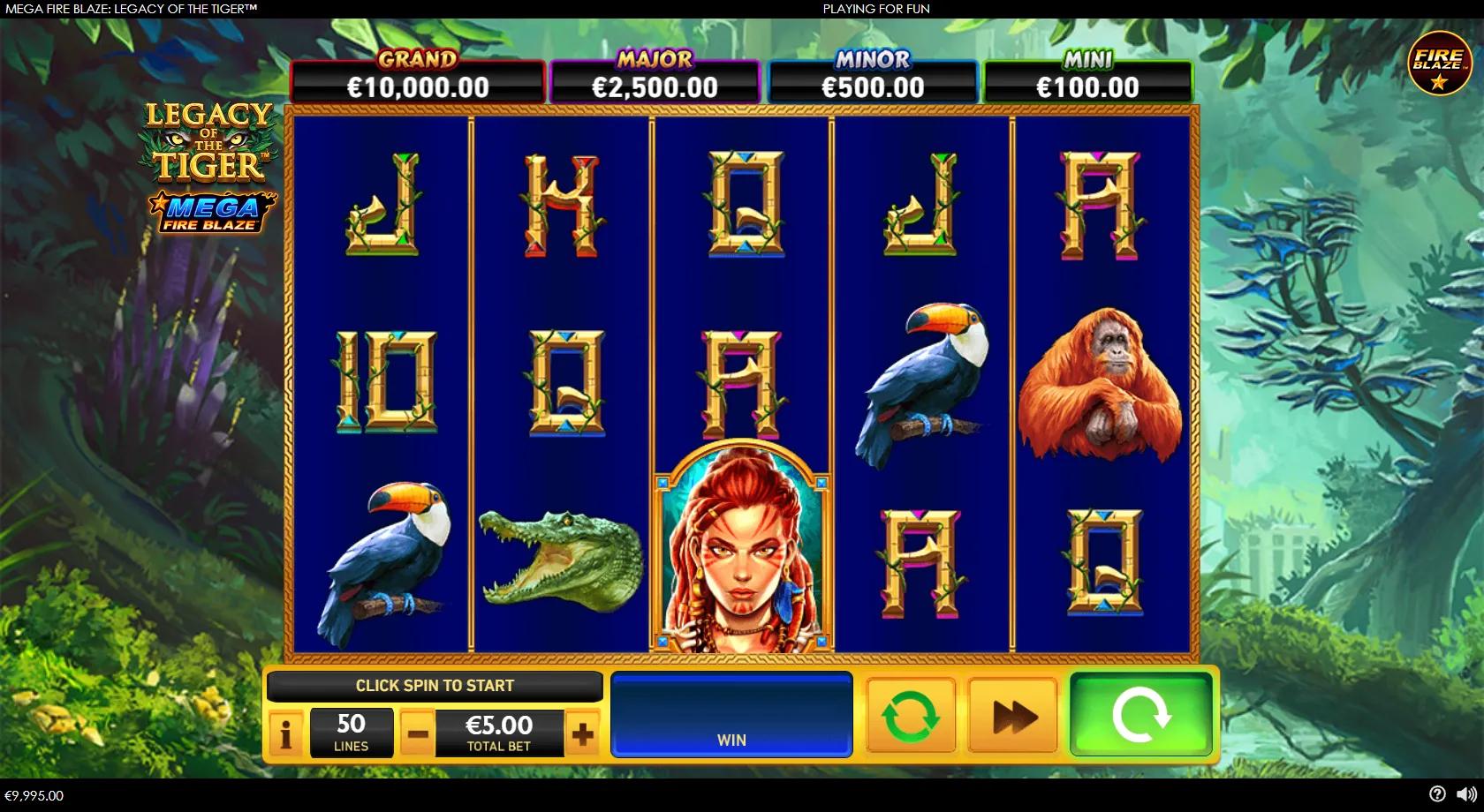 Legacy of the Tiger 5x3 jungle grid with a tiger, huntress and orangutan, glowing moon cash coins and four jackpot meters