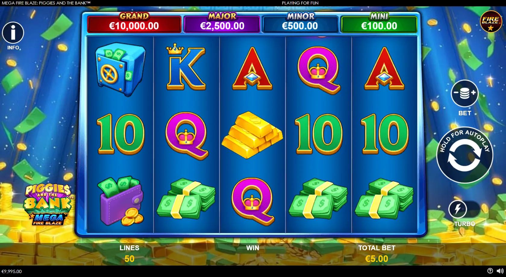 Mega Fire Blaze Piggies and the Bank gameplay showing 5x3 reels with gold pigs, cash coins and four jackpots
