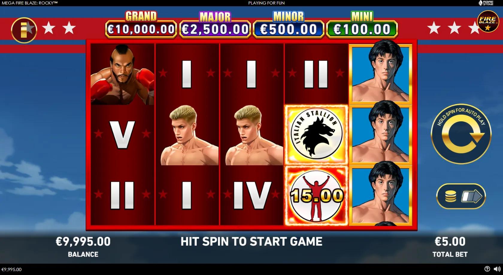 Mega Fire Blaze: Rocky gameplay showing five red-bordered reels against a blue sky, with Rocky-film character symbols and red Circle prize discs on the grid