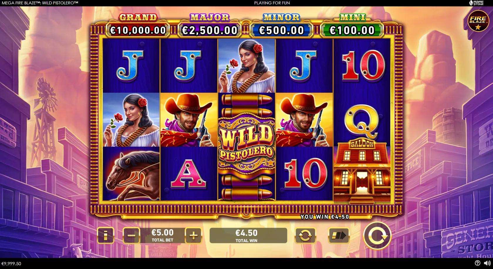 Mega Fire Blaze Wild Pistolero Wild West reels with the pistolero wild, senorita, horse and flaming revolver Fire Blaze coins