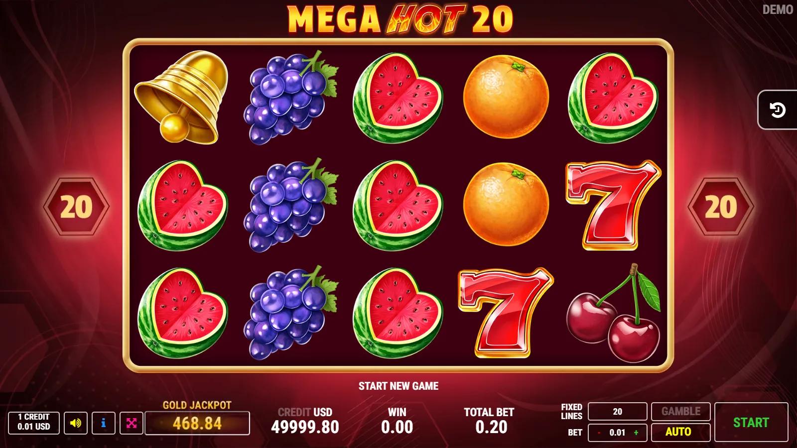 Mega Hot 20 slot gameplay showing 5x3 fruit grid with red 7, bell, watermelon, grapes and 20 paylines