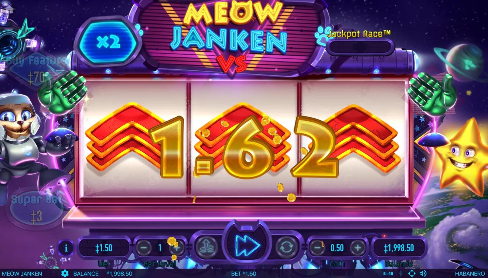 Meow Janken slot gameplay showing 3x1 single-line grid with cat astronaut and Janken star symbols on neon-purple space backdrop with x1 multiplier chip