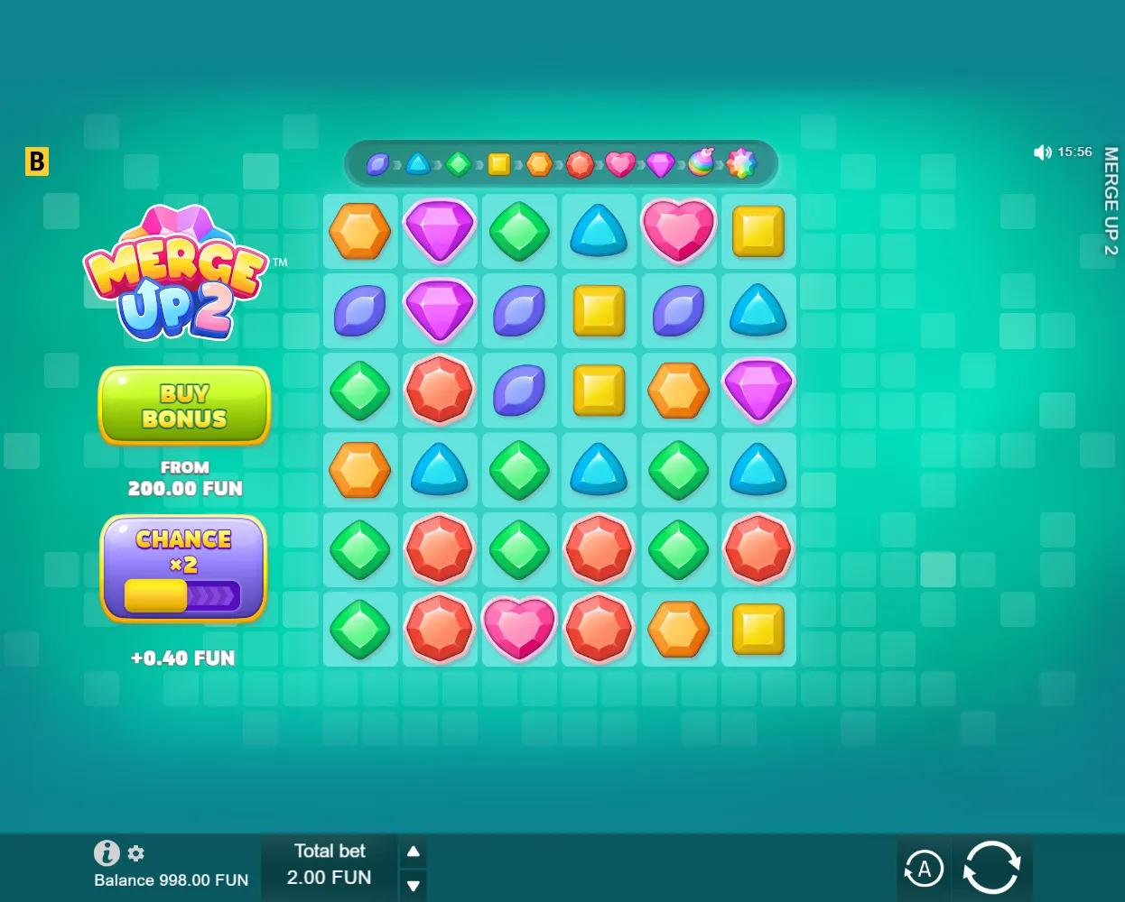 Merge Up 2 slot gameplay showing the 6x6 cluster pays grid packed with merging candy-gem symbols
